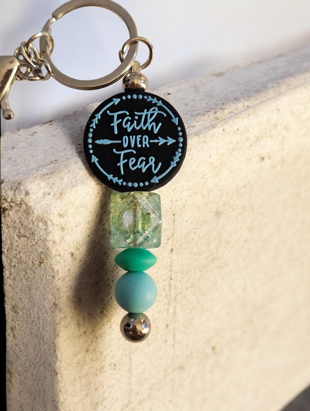 Faith Over Fear Aqua Beaded Keychain